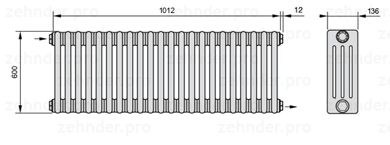 Схема (чертеж) Радиатор Zehnder Charleston 4060/22 №1670 Белый глянцевый RAL 9016